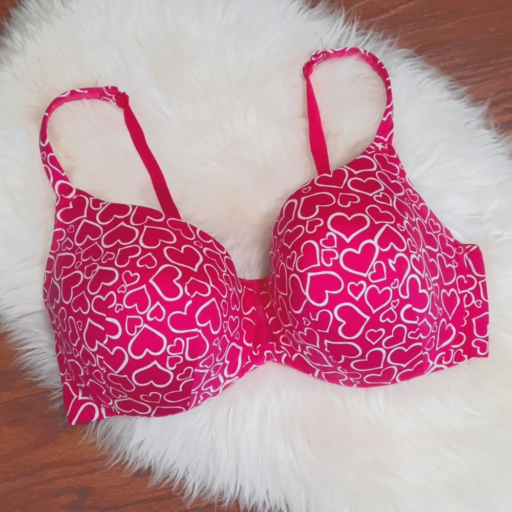 Cacique Hot Pink Heart Print Underwire Bra